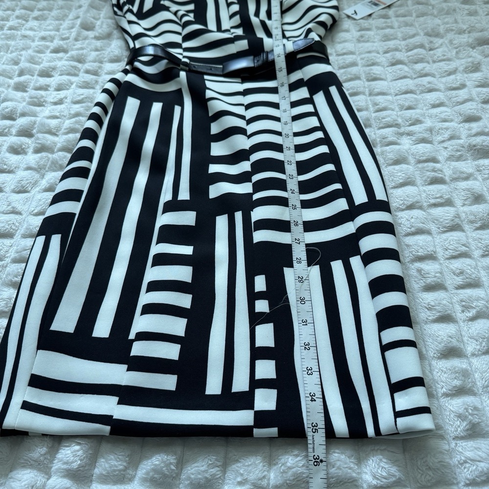 New CALVIN KLEIN 2 Petite Black White Cap Sleeve Scuba Sheath Midi Dress Belt - Picture 6 of 10